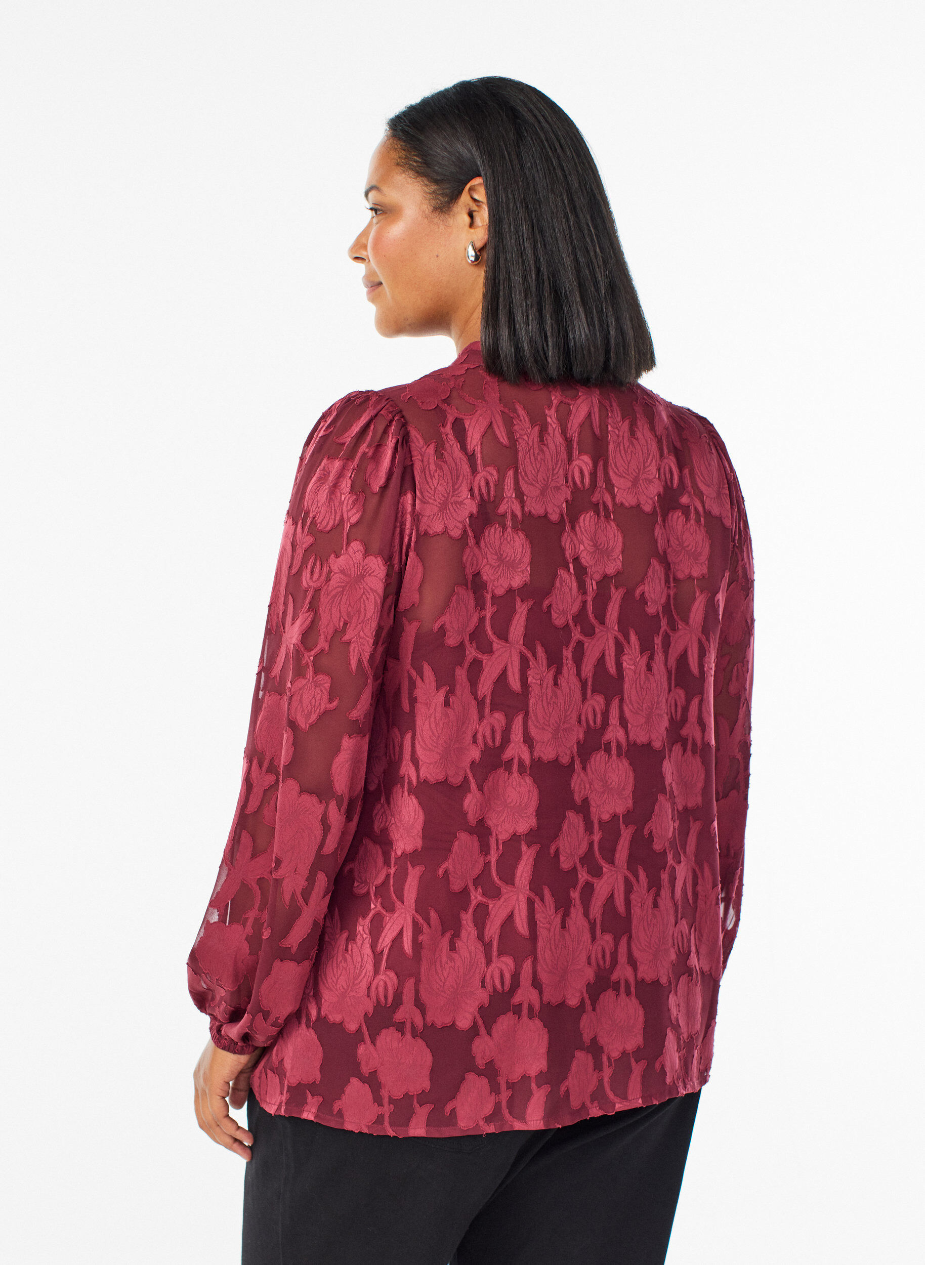 Zizzi Bluse med knapper og blomsterm&oslash;nster, M&oslash;rk Bordeaux, Model image number 2