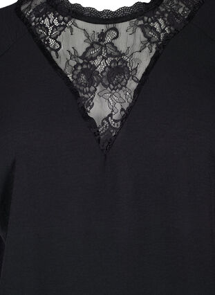 Bluse med korte ærmer og blonder , Black, Packshot image number 2