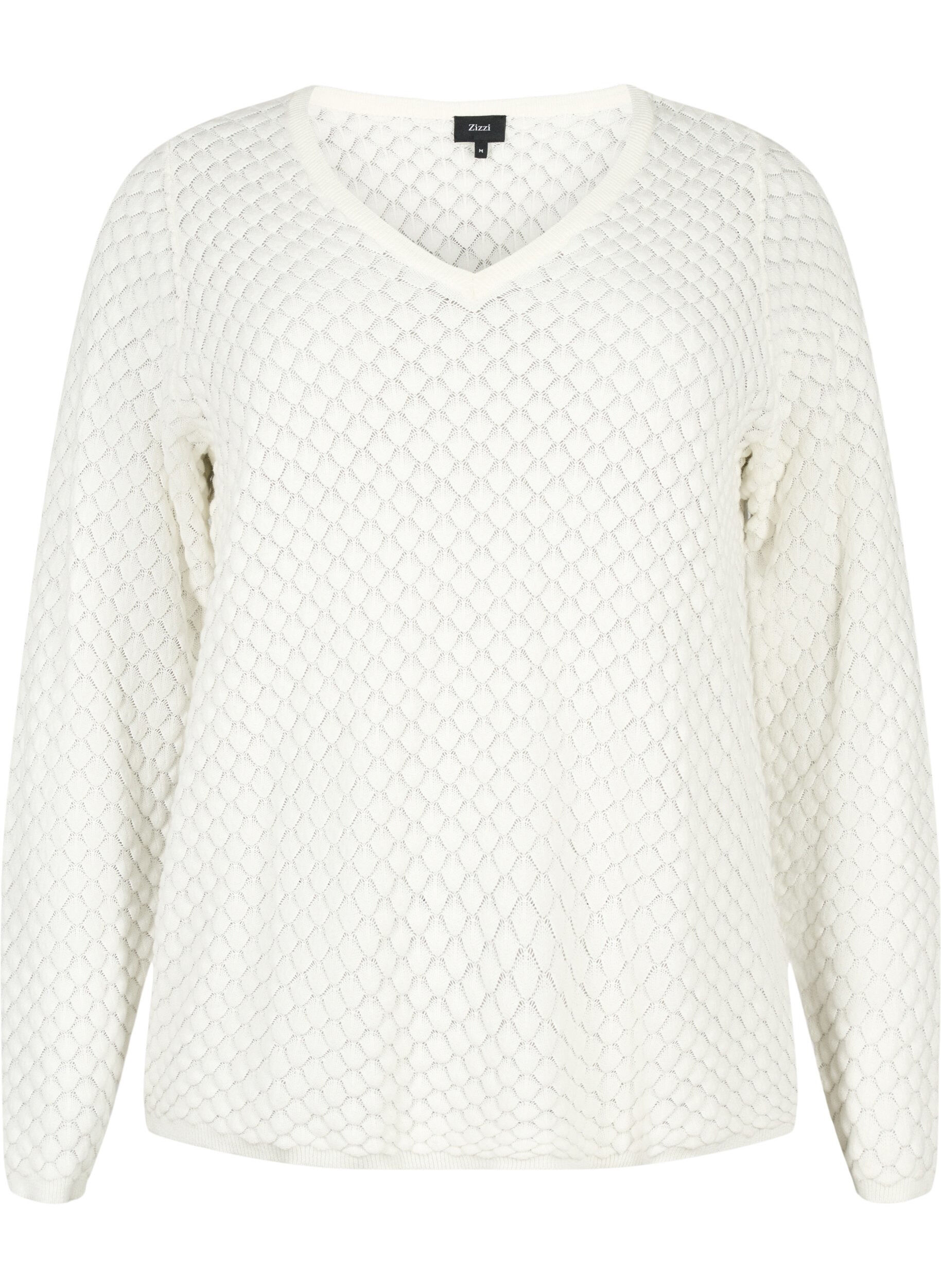 Zizzi Strukturm&oslash;nstret strikbluse i &oslash;kologisk bomuld, Cloud Dancer, Packshot image number 0