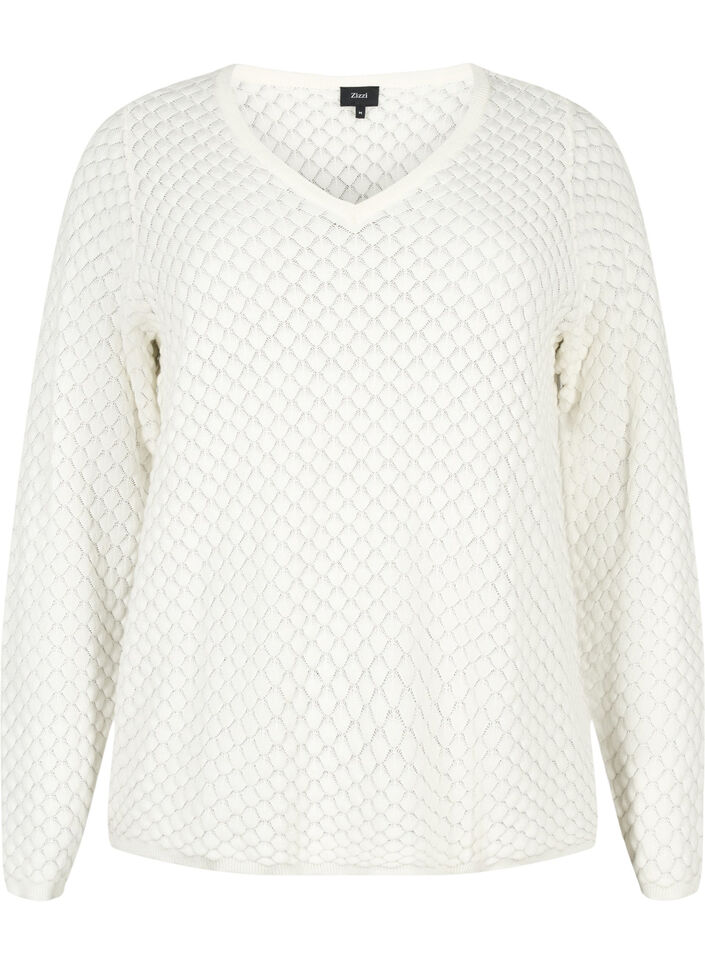 Strukturmønstret strikbluse i økologisk bomuld, Cloud Dancer, Packshot image number 0