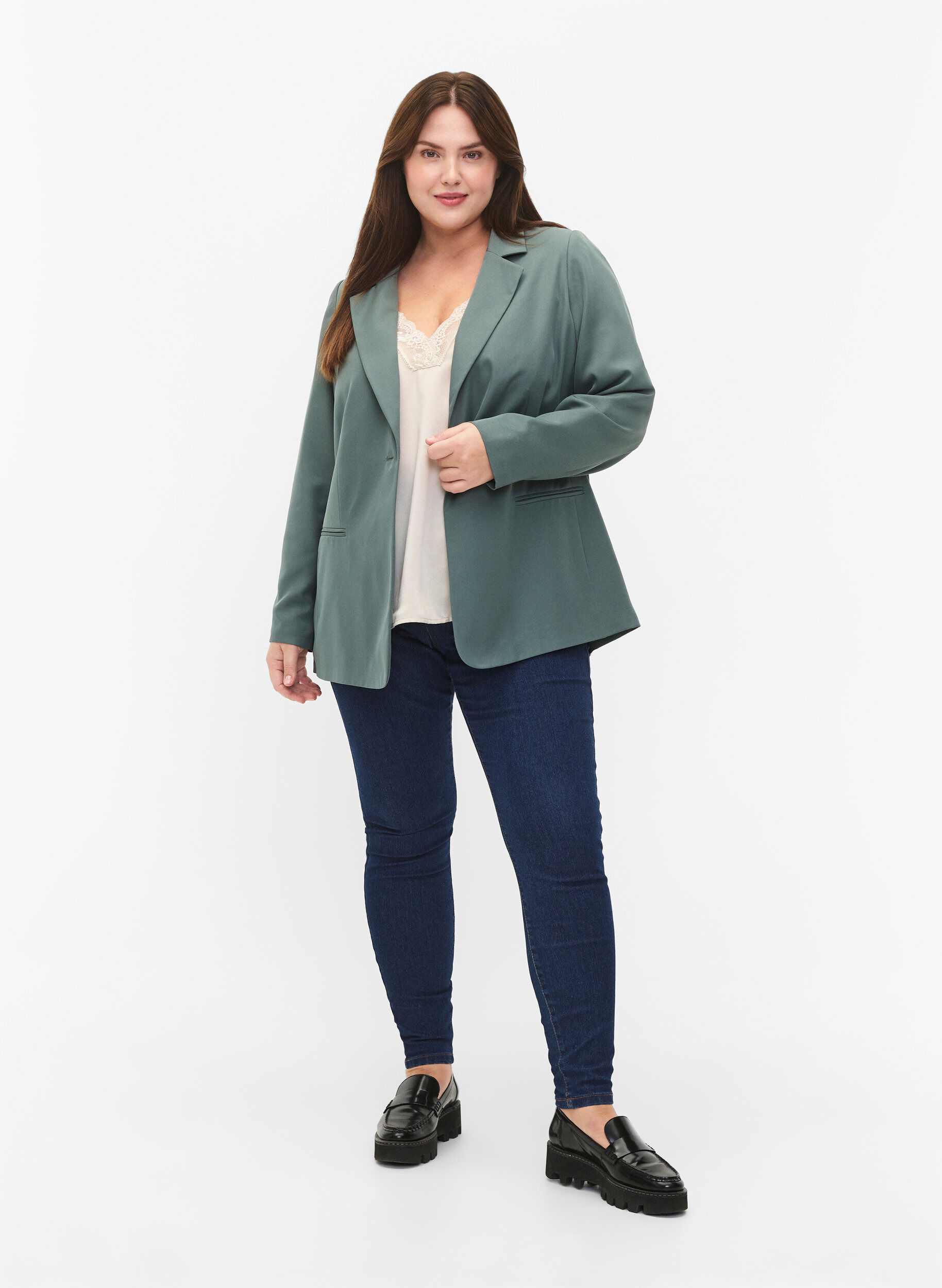 Zizzi FLASH - Enkel blazer med knap, Gr&oslash;n, Model image number 1