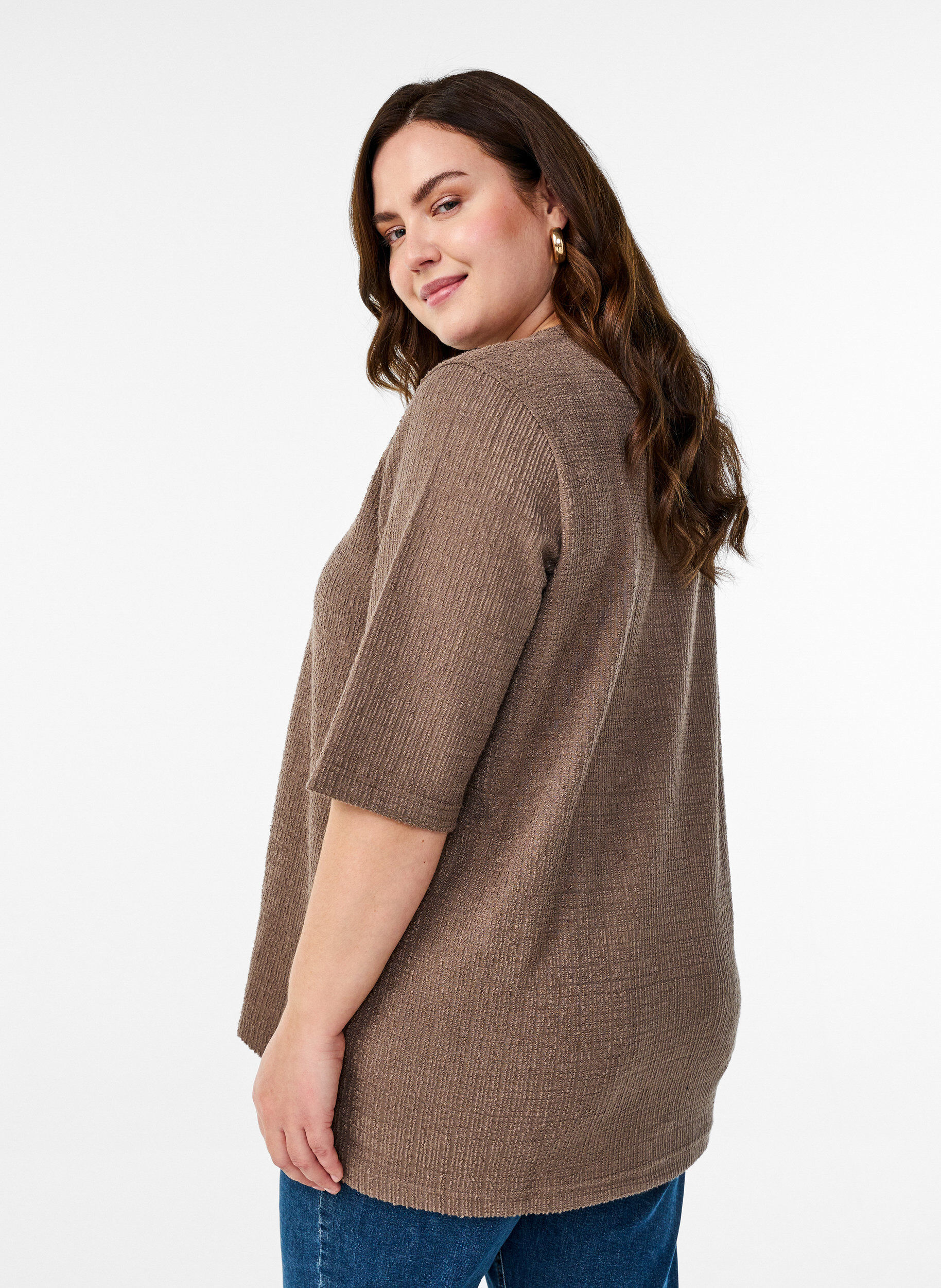 Zizzi Skjortebluse med struktur og V-udsk&aelig;ring, Walnut, Model image number 1