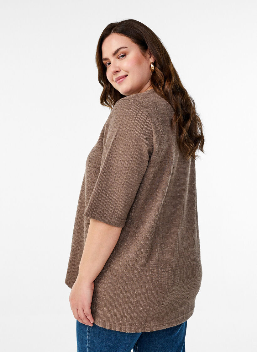 Skjortebluse med struktur og V-udskæring, Walnut, Model image number 1