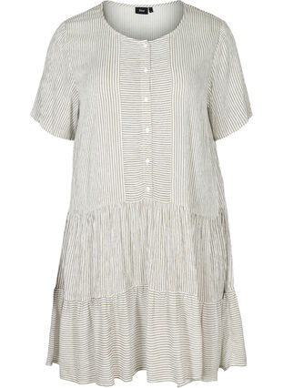 Kortærmet kjole med striber og knapper, White Stripe, Packshot image number 0