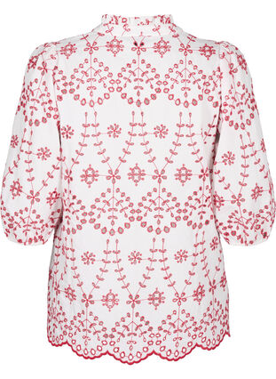 3/4 ærmet bluse med kontrastfarvet broderi anglaise, White w. Red, Packshot image number 1