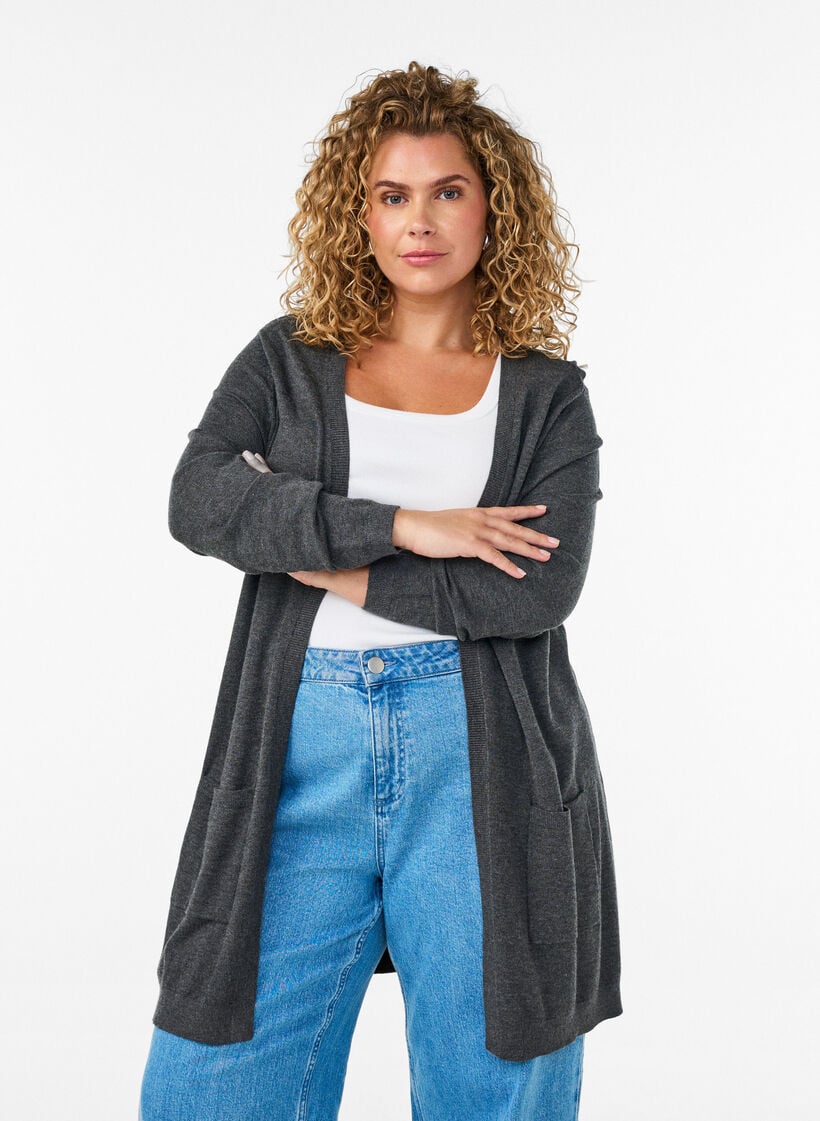 Lang strikcardigan i viskosemix, Gr&aring;, Model image number 0