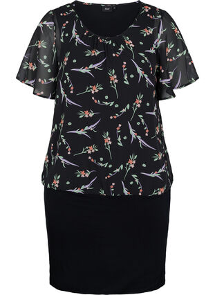 Kortærmet kjole med en blomstret overdel, Black AOP, Packshot image number 0