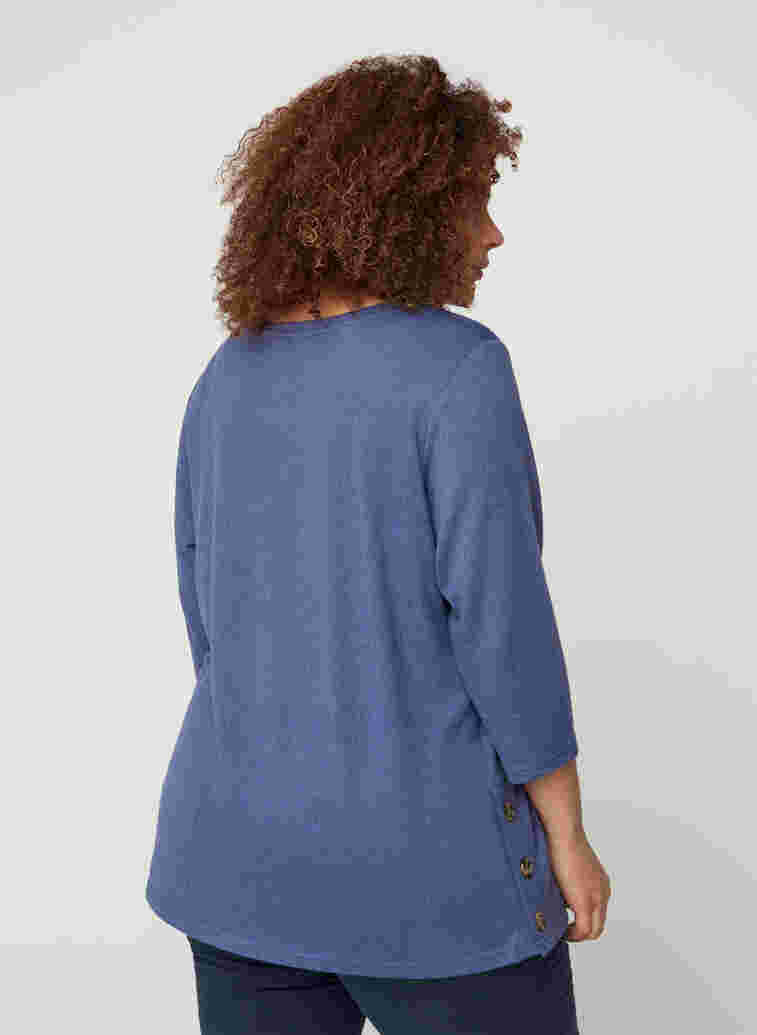Bluse med 3/4 ærmer og knapper, Crown Blue Melange, Model image number 1
