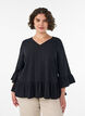 Bluse med struktur, V-hals og fl&aelig;ser, Sort, Model image number 0