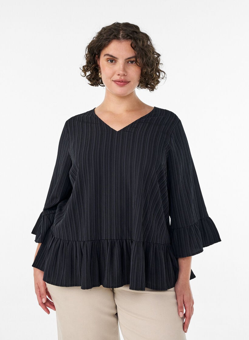 Bluse med struktur, V-hals og fl&aelig;ser, Sort, Model image number 0