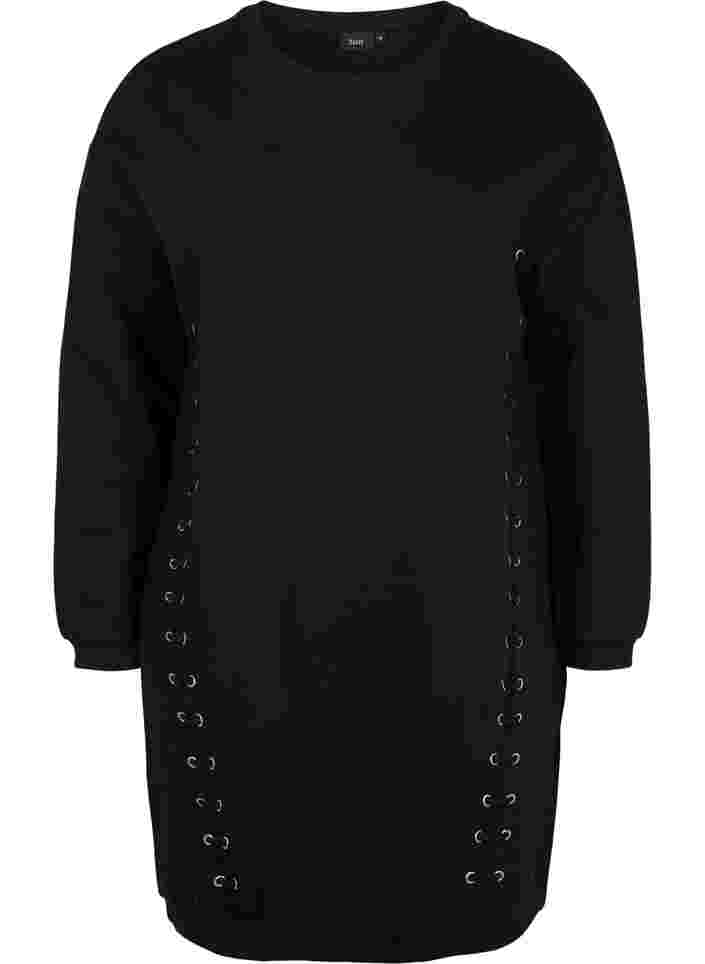 Bomulds sweat tunika med snøredetaljer, Black, Packshot image number 0