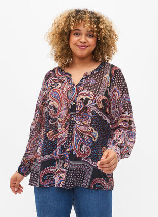 Skjorte med v-udskæring og print, Black/Brown Paisley, Model image number 0