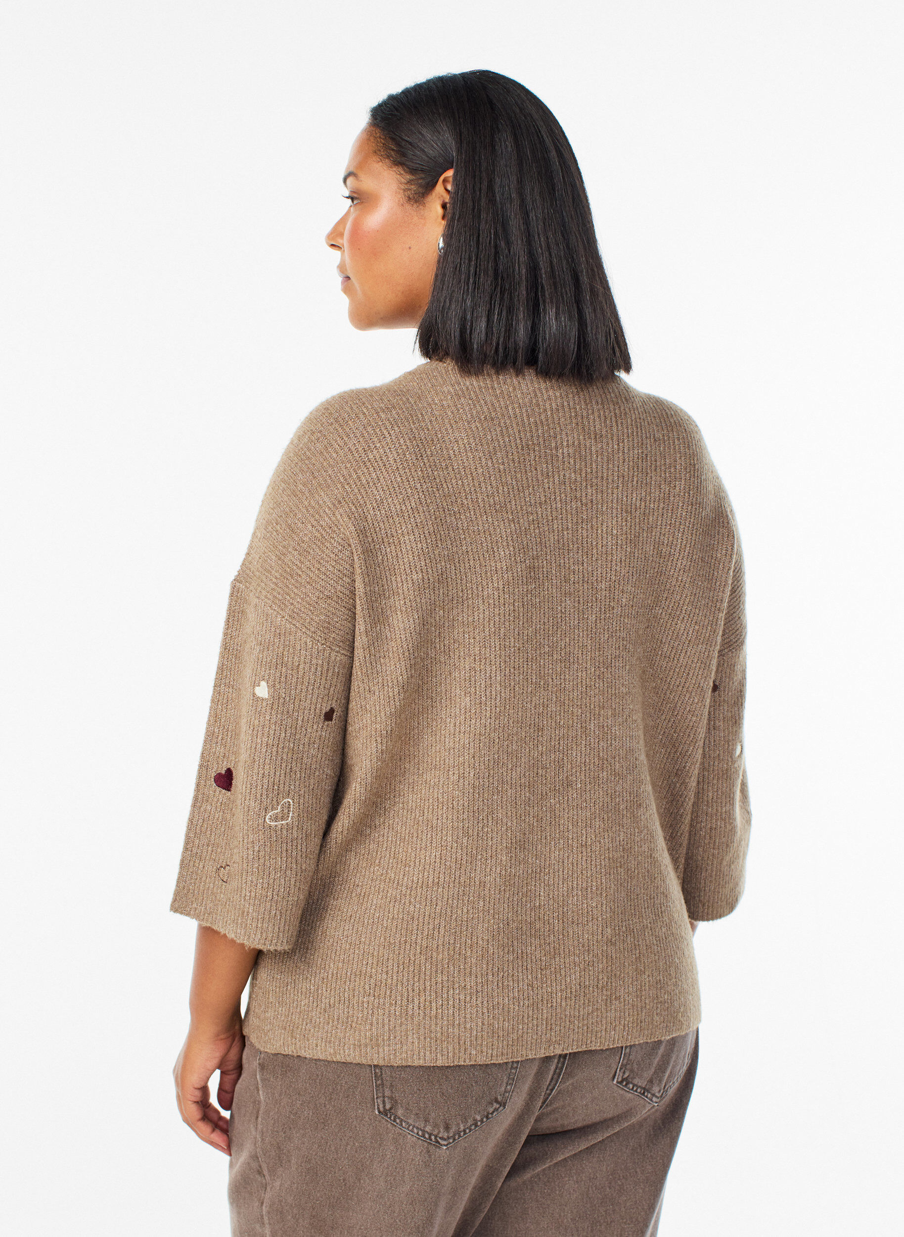ZizziStrikbluse med hjerter og 3/4 &aelig;rmer, Brun, Model image number 2