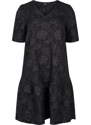 Kortærmet kjole med v-hals og blomstret struktur, Black, Packshot image number 0