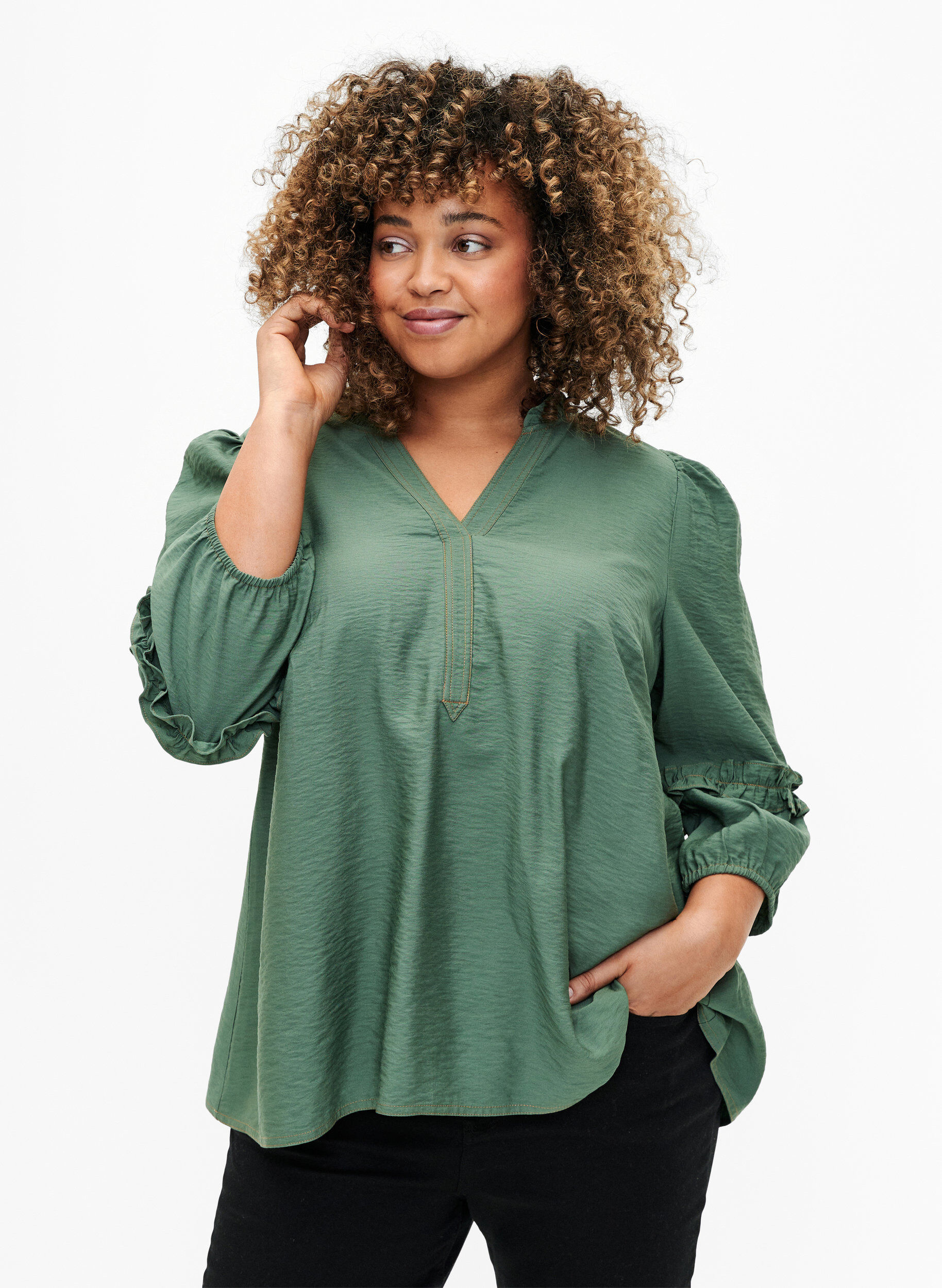 Zizzi Bluse med fl&aelig;ser, Duck Green, Model image number 0