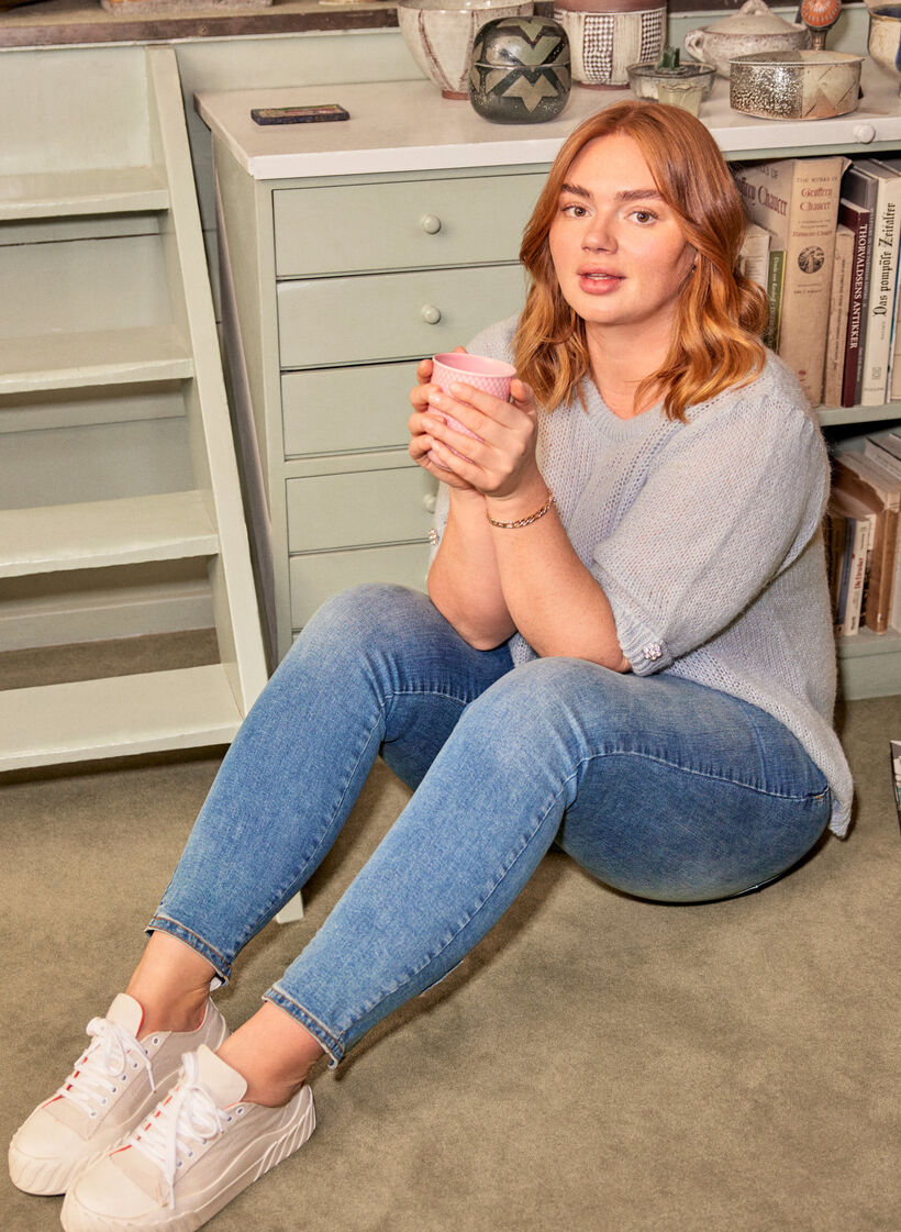 Cropped Amy jeans med høj talje og sløjfe, Blue denim, Image image number 0