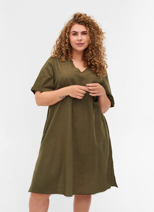 Kortærmet kjole i bomuldsmix med hør, Ivy Green, Model image number 0