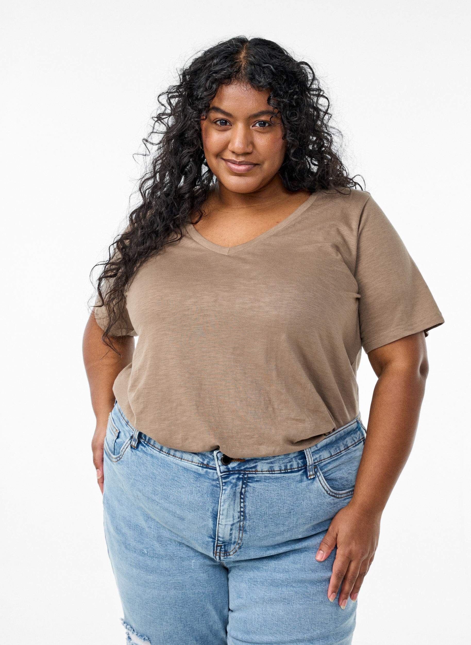 Kort&aelig;rmet basis t-shirt med v-hals, Brun, Model