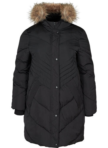Vinterjakke med hætte og imiteret pelskrave, Black, Packshot image number 0