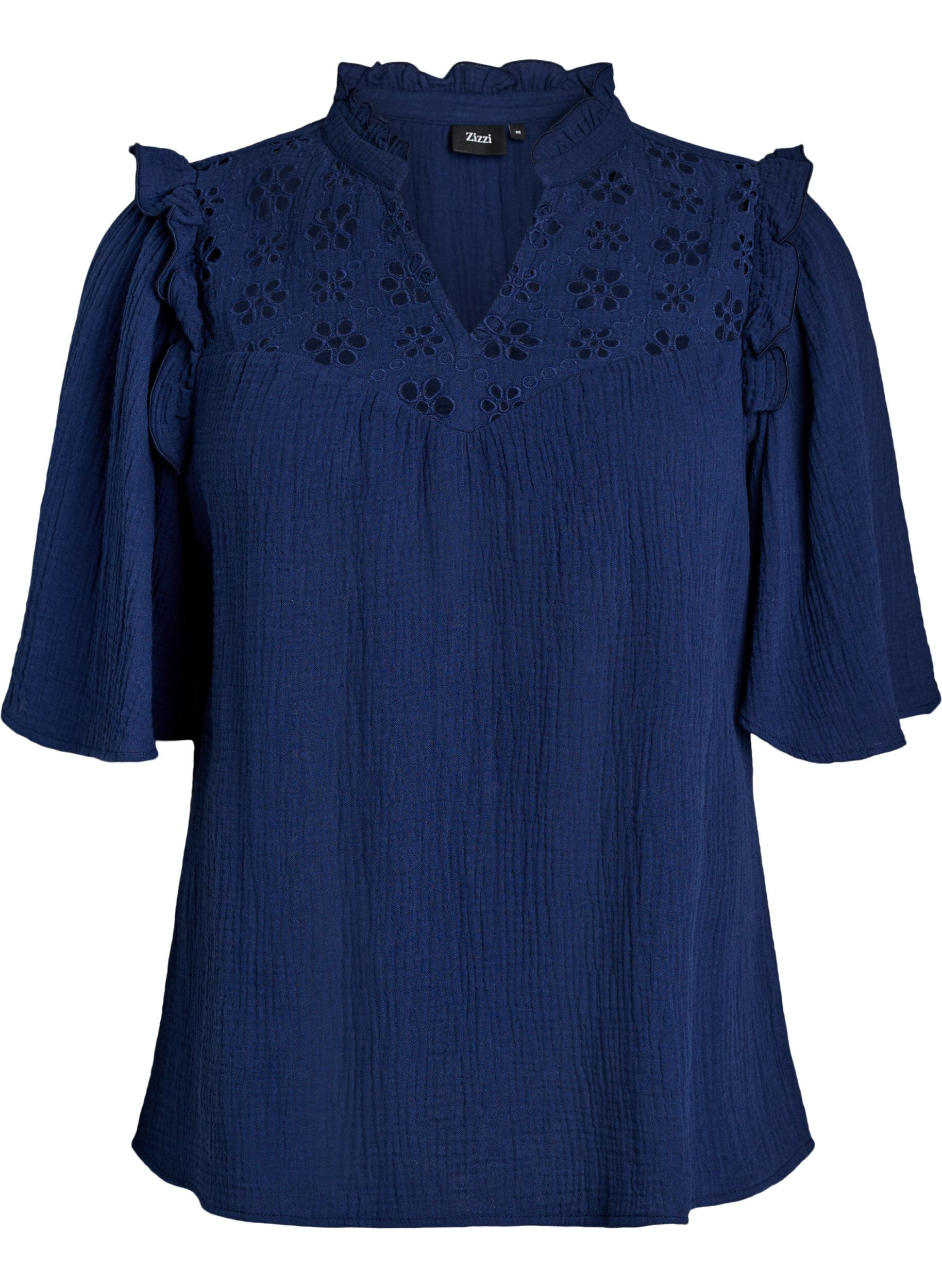 Zizzi Bluse i bomuldsmusselin med broderie anglaise og 1/2 &aelig;rmer, Bl&aring;, Packshot image number 0