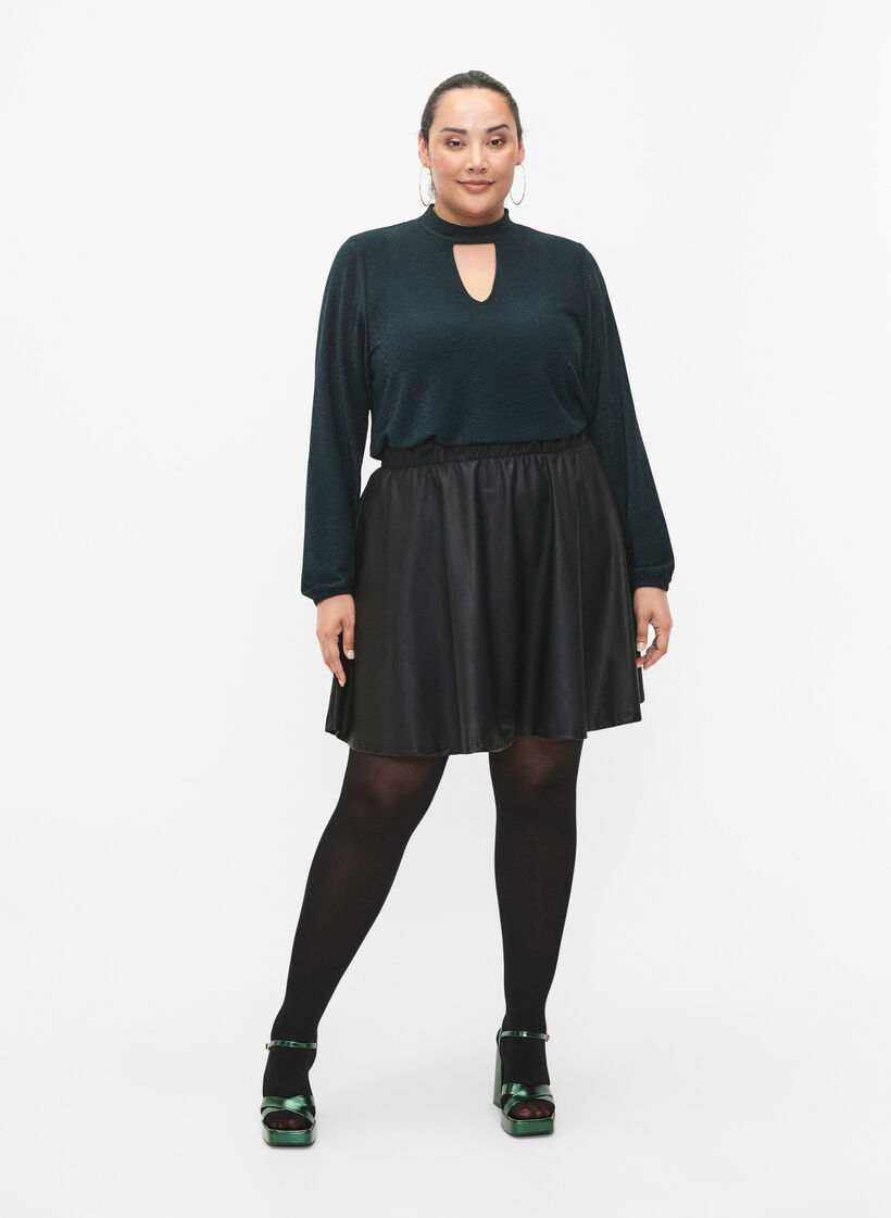 Langærmet glitterbluse med rund hals og v-detalje, Black Scarab, Model image number 3