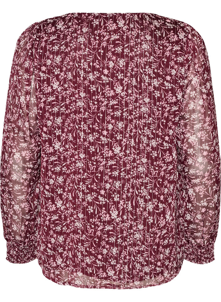 Bluse med blomsterprint og glittertr&aring;d, R&oslash;d, Packshot image number 1