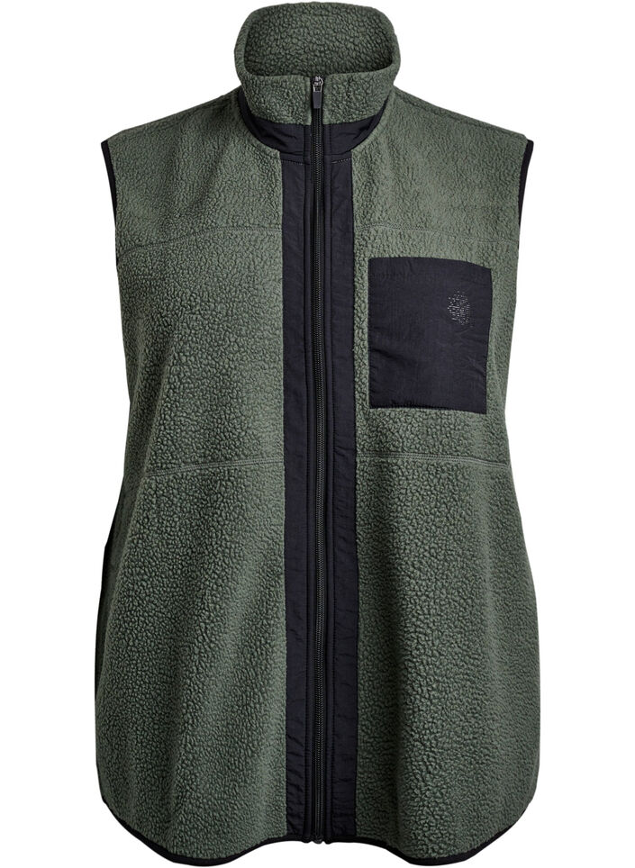 Sporty teddy vest med lommer, Thyme, Packshot image number 0