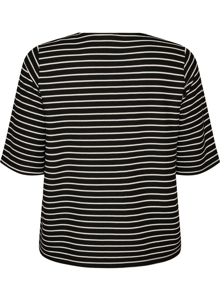 Bluse med ribbet struktur og knaplukning, Sort, Packshot image number 1