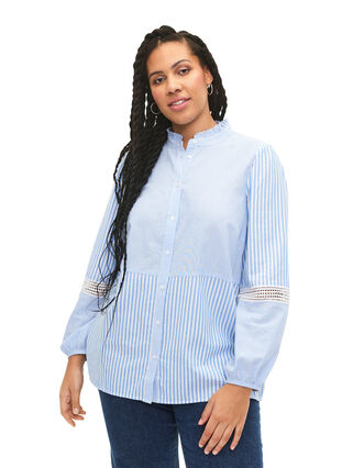 Skjorte med flæsekrave og crochetbånd, Marina W. Stripe, Model image number 0