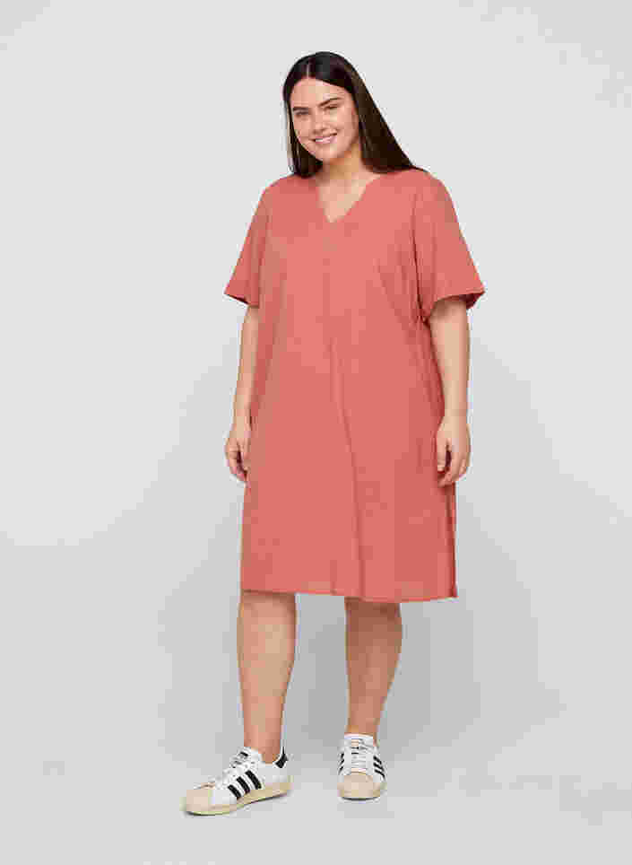 Kortærmet kjole i bomuldsmix med hør, Canyon Rose, Model image number 2