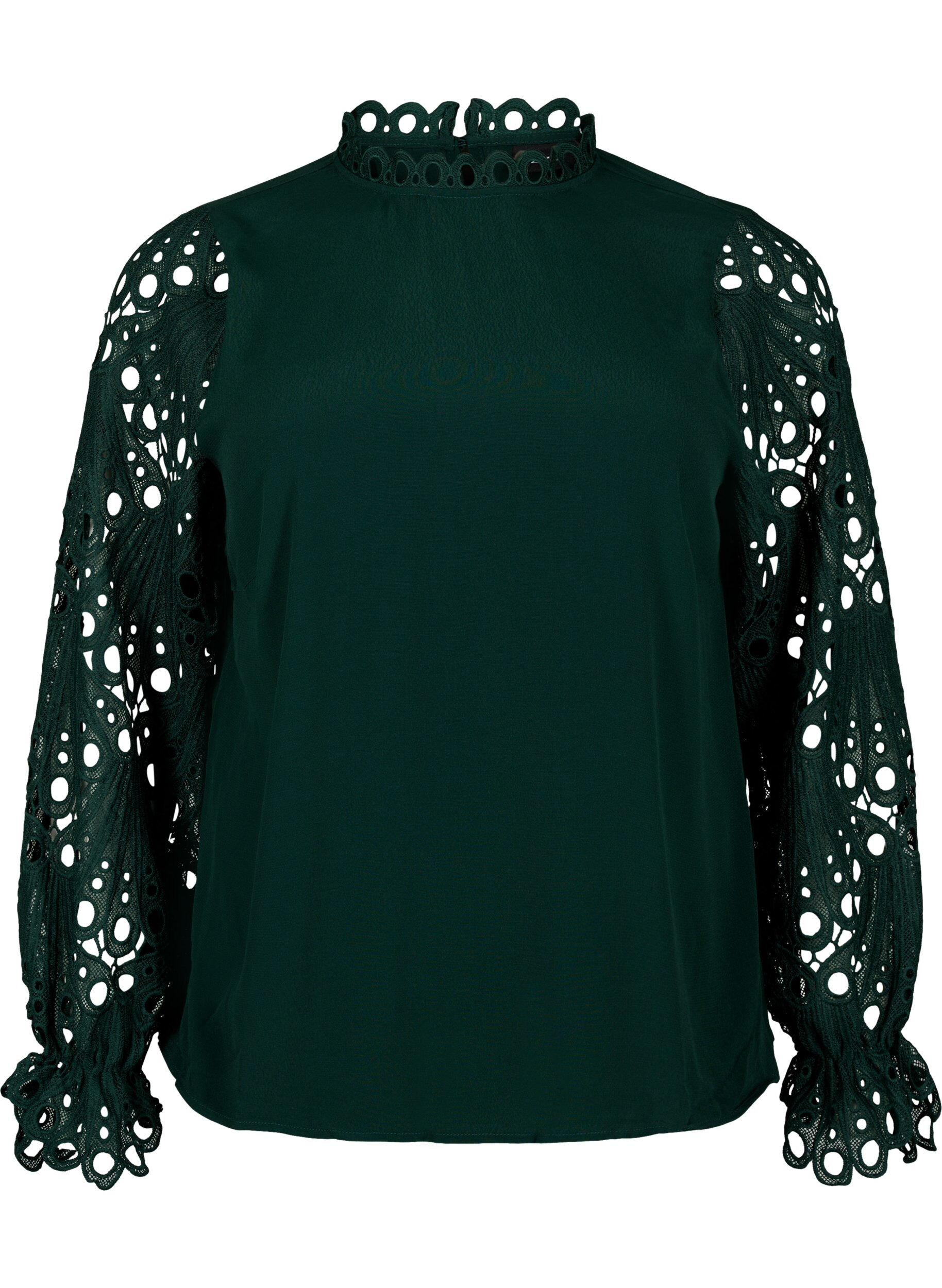 Zizzi Viskosebluse med crochet &aelig;rmer, Scarab, Packshot image number 0