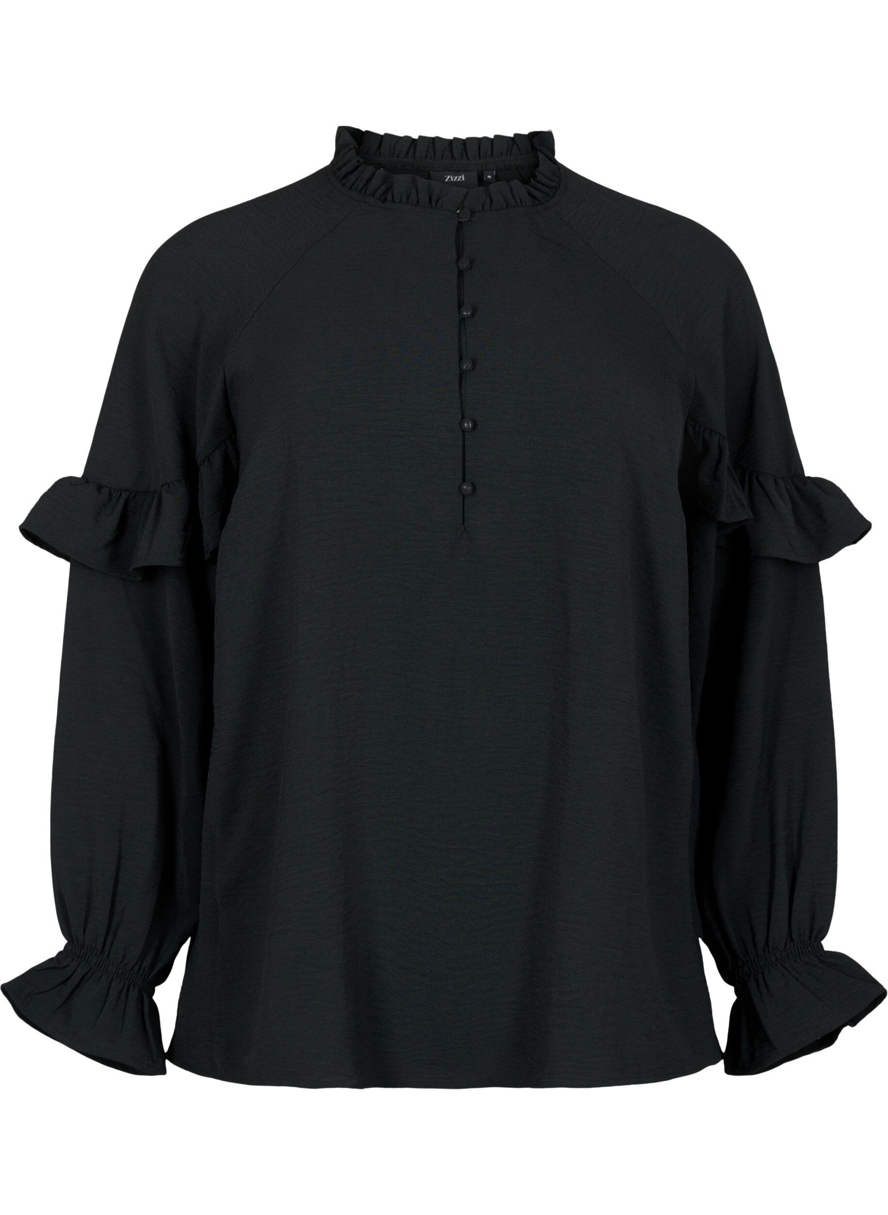 Zizzi Bluse med fl&aelig;ser og knapper, Black, Packshot image number 0