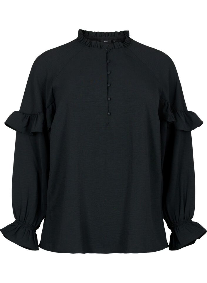 Bluse med fl&aelig;ser og knapper, Black, Packshot image number 0
