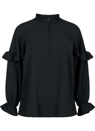 Bluse med flæser og knapper, Black, Packshot image number 0