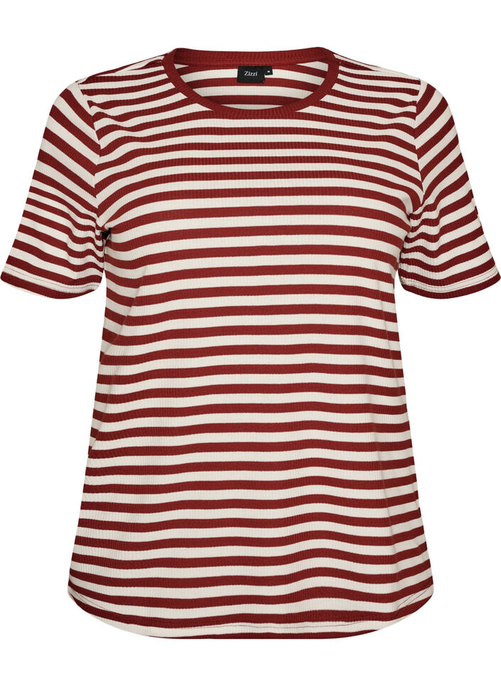 Stribet t-shirt med ribstruktur, R&oslash;d, Packshot image number 0