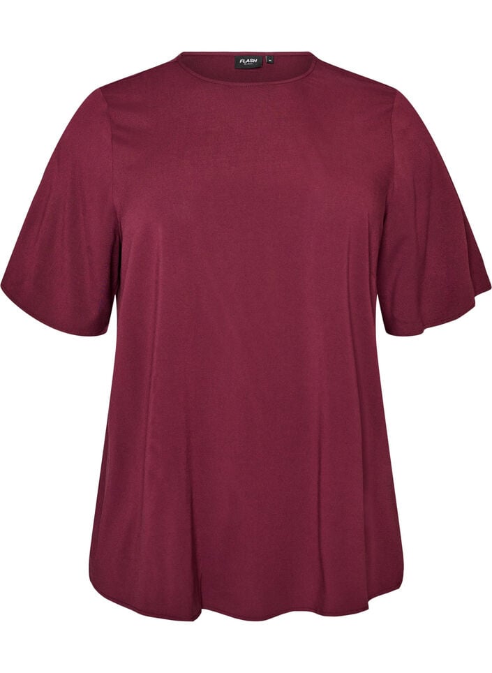 Kort&aelig;rmet v&aelig;vet bluse med rund hals, R&oslash;d, Packshot image number 0
