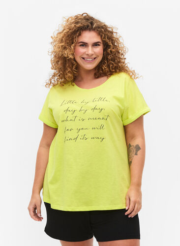 T-shirt i økologisk bomuld med tryk, Wild Lime w. Navy, Model image number 0