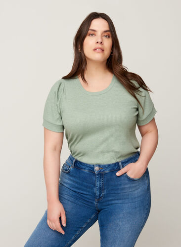 Kortærmet rib t-shirt i viskose mix, Lily Pad, Model image number 0