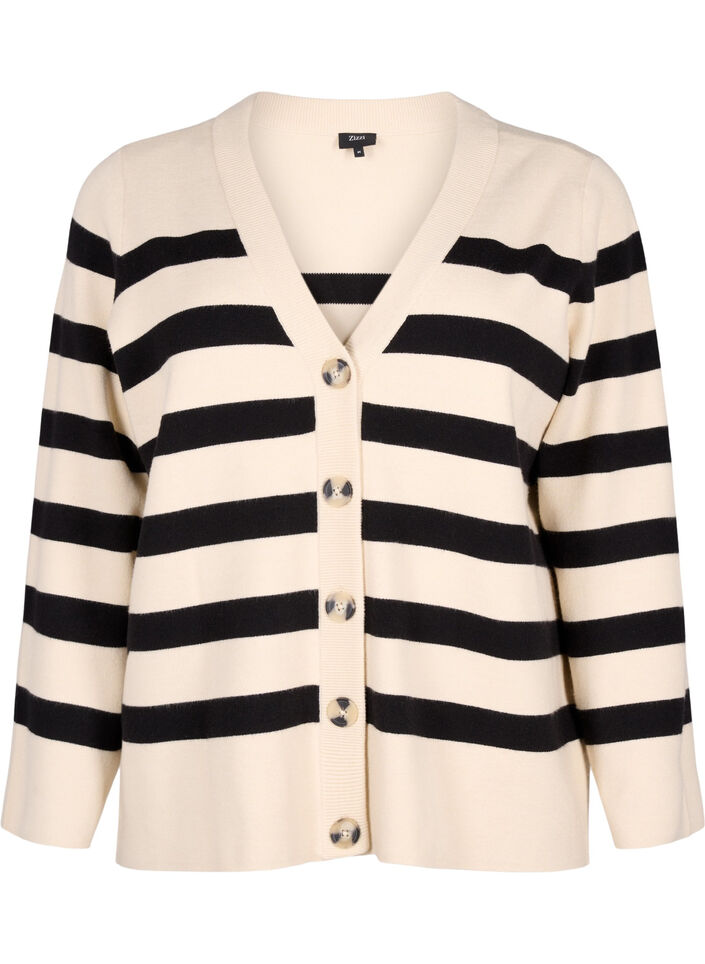 Stribet strikcardigan med v-hals, Birch w. Black, Packshot image number 0