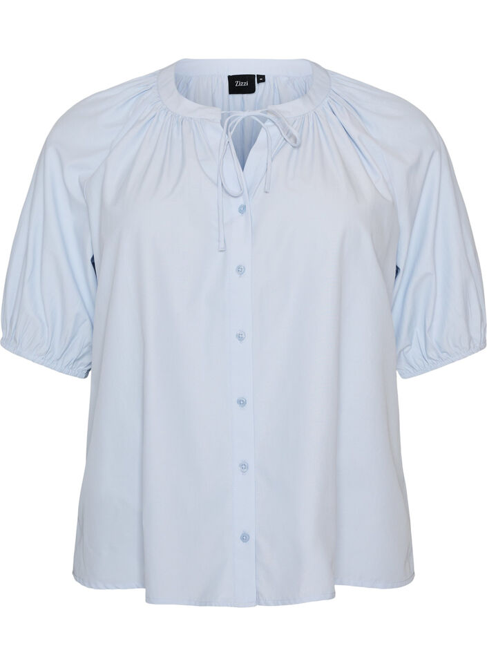 Skjortebluse med knaplukning og bindeb&aring;nd, Bl&aring;, Packshot image number 0