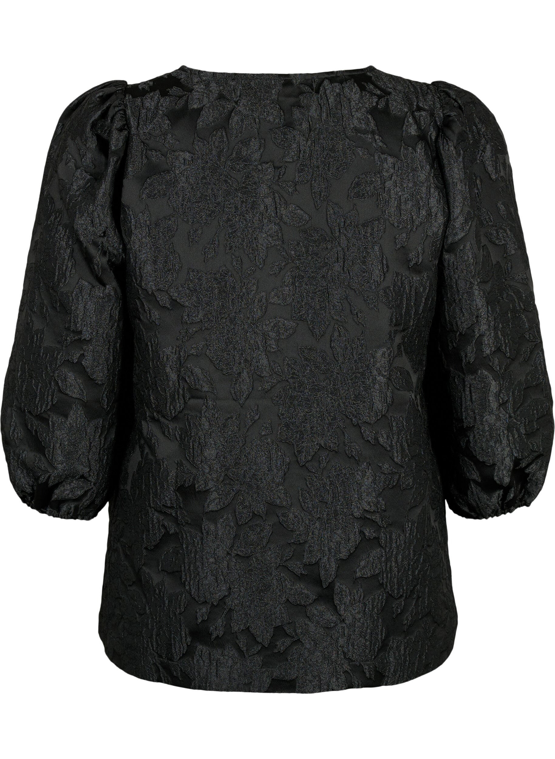 Zizzi Bluse i jacquard med 3/4 &aelig;rmer, Black, Packshot image number 1