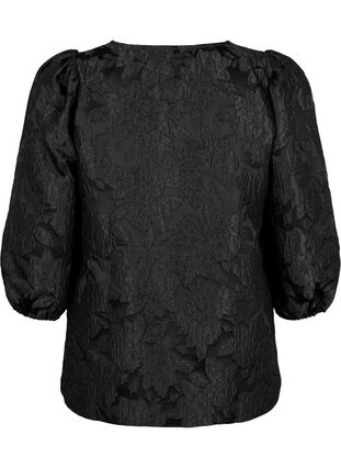 Bluse i jacquard med 3/4 ærmer, Black, Packshot image number 1