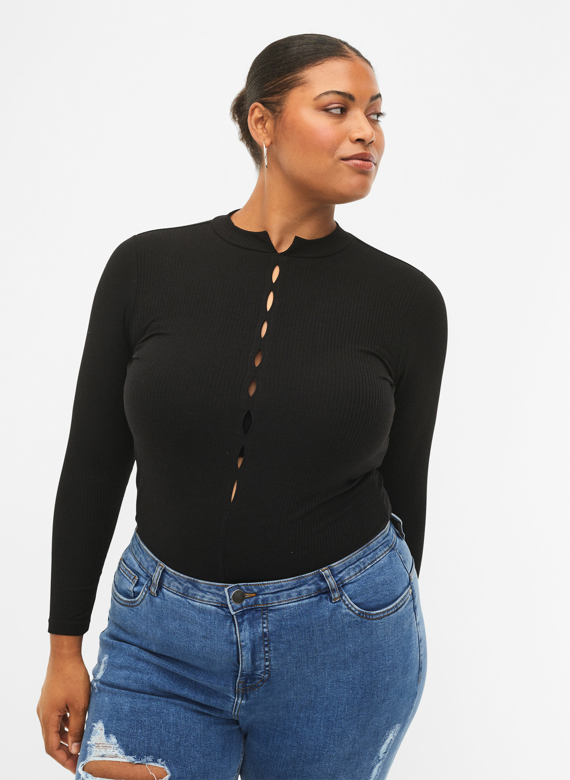 Zizzi Lang&aelig;rmet bluse i rib med huldetaljer, Black, Model image number 0