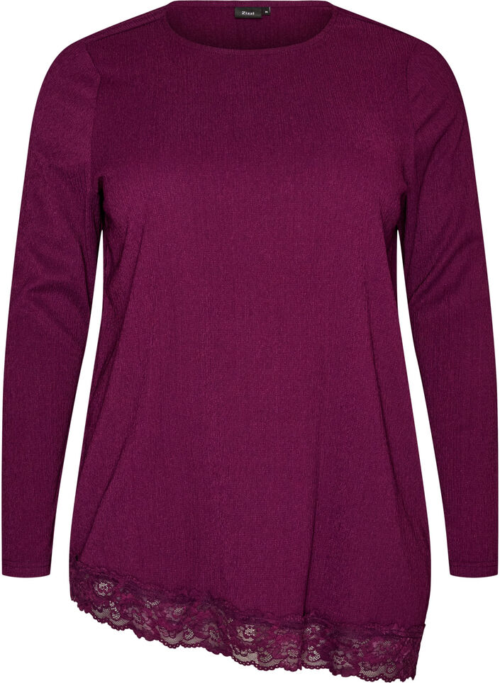 Jerseybluse med asymmetrisk blondekant, Lilla, Packshot image number 0