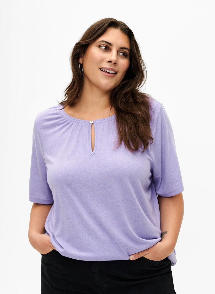 Meleret bluse med korte ærmer, Violet Tulip Mel., Model image number 0