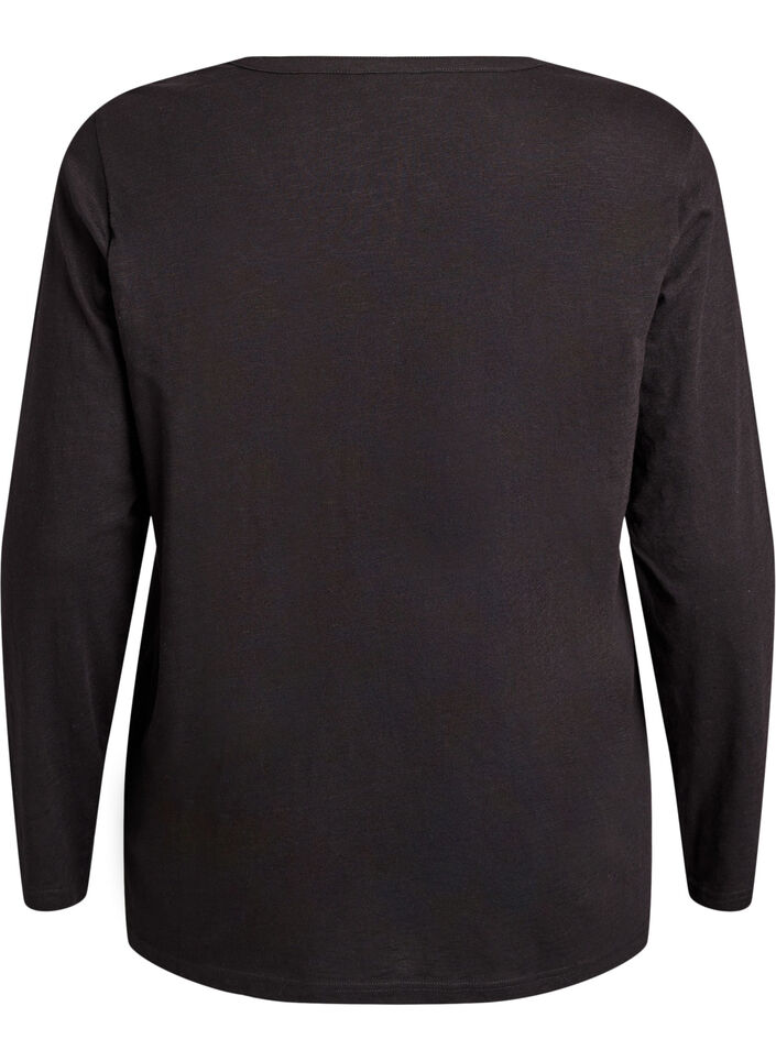 Lang&aelig;rmet t-shirt med V-hals og knapper, Sort, Packshot image number 1