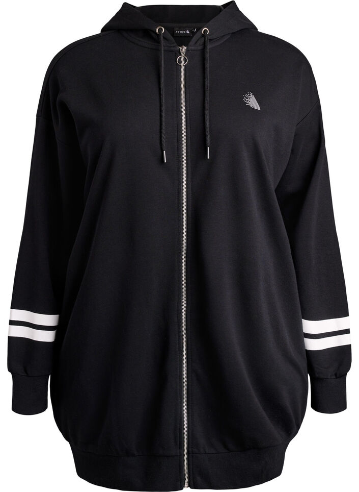 Lang sweat cardigan med printdetaljer, Sort, Packshot image number 0