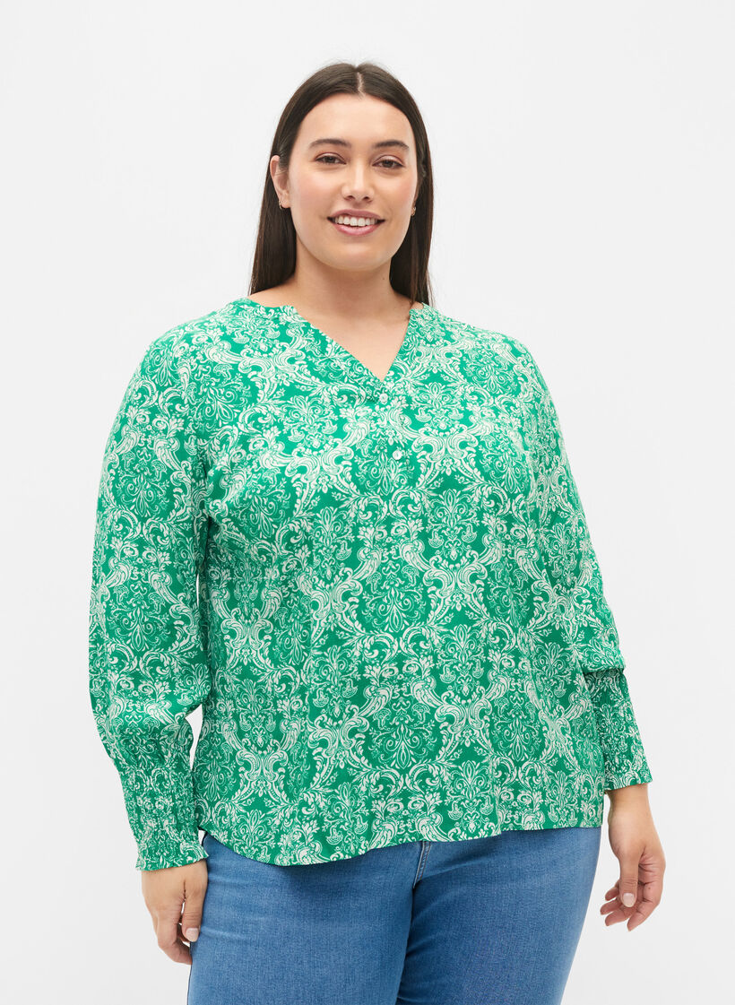 Printet viskosebluse med smock, Jolly Green Oriental, Model image number 0