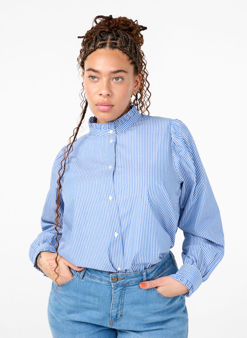 Stribet skjortebluse med flæser, Princess Blue W. St., Model image number 0