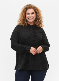 Skjorte med struktur og flæsedetalje, Black, Model